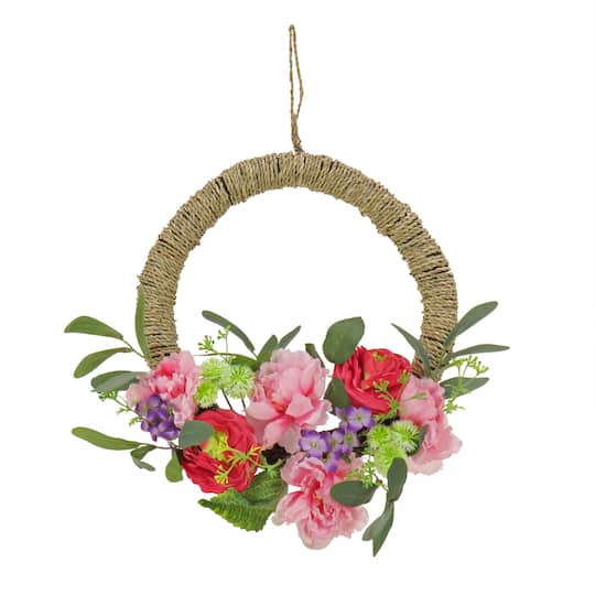 16&#x22; Spring Rose, Peony, &#x26; Globe Flowers Hoop Wreath